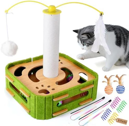 5-in-1 Cat Puzzle Box Toy for Indoor Cats Boredom Relief Interactive Wooden Cat Enrichment Maze with Balls, Feather Wands & Spiral Springs, Slow Feeder Treat Dispenser for Kittens & Adult Cats by Unknown