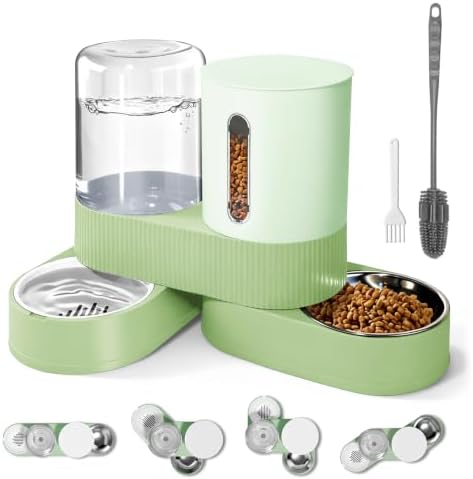 2 in 1 Automatic Gravity Cat Dog Feeder and Water Dispenser with 304 Stainless Steel Bowls, 360 Degree Rotatable Auto Food with 2 Specialized Brushes for Small Medium Pet Dog Puppy Kitten (Green) by Bsemax