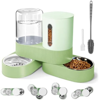 2 in 1 Automatic Gravity Cat Dog Feeder and Water Dispenser with 304 Stainless Steel Bowls, 360 Degree Rotatable Auto Food with 2 Specialized Brushes for Small Medium Pet Dog Puppy Kitten (Green) by Bsemax