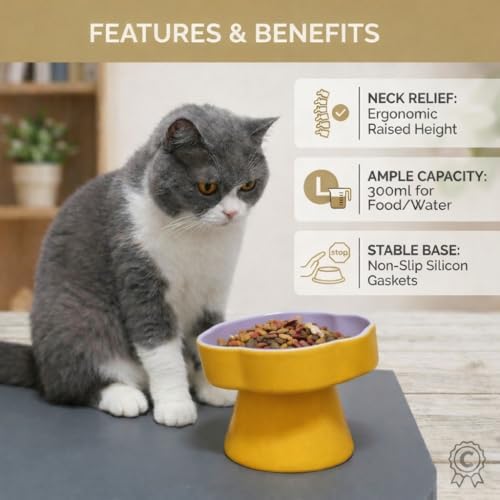 Ceramic Elevated Slow Feeder Cat Bowl, Raised and Gently Tilted Feeding Dish with Maze Design, Whisker-Friendly, Easy to Clean, for Indoor Cats and Small Dogs (Yellow/Purple) - Image 6