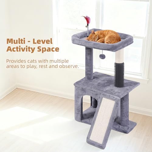 Cat Tree with Self-Grooming Brush and Interactive Toys, Cat Tree Tower for Indoor Cats, Cat Tower with Sisal Scratching Post and Scratching Pads, Cat Condo with Padded Perch, Grey - Image 4