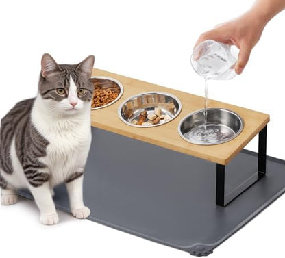 Upgraded Elevated Cat Bowls with Food Mat,15°Tilted Stand Anti Vomiting Raised Cat Dishes for Food and Water,3 Stainless Steel Bowls for Cats and Puppy by Summark