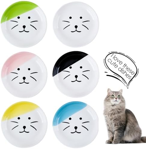 6PCS Ceramic Cat Dish, Shallow and Wide Plate Relief Whisker Fatigue, Dishes for Food and Water, Whisker-Friendly Design, 5.9W x 1.18D Inch, for Indoor Cats and Small Dogs, Multi Color by Unknown