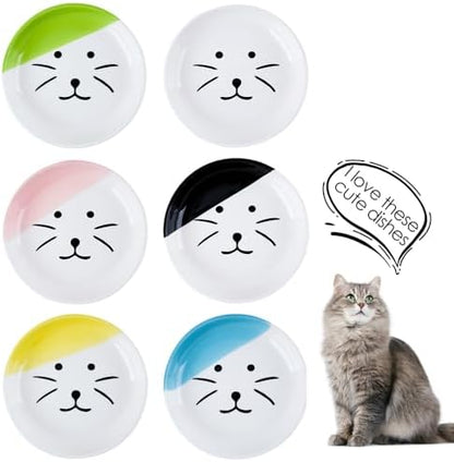 6PCS Ceramic Cat Dish, Shallow and Wide Plate Relief Whisker Fatigue, Dishes for Food and Water, Whisker-Friendly Design, 5.9W x 1.18D Inch, for Indoor Cats and Small Dogs, Multi Color by Unknown