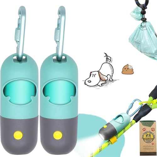 Dog Poop Waste Bags Holder with LED Flashlight|Cute Doggie Poo Bags Dispenser for Pet Leash|Trash Waste Bags Carrier with Potty Bags Clip Fastener LR44 Button Cells Included(2 Pack) (Crystal Blue) by YUCHIYA