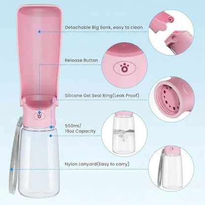 Portable Dog Water Bottle for Walking – 19oz / 12oz Foldable Pet Water Dispenser for Puppies, Medium & Large Dogs – Leak Proof Travel Water Bowl for Small Animals Dog Accessories(19OZ Pink) - Image 2