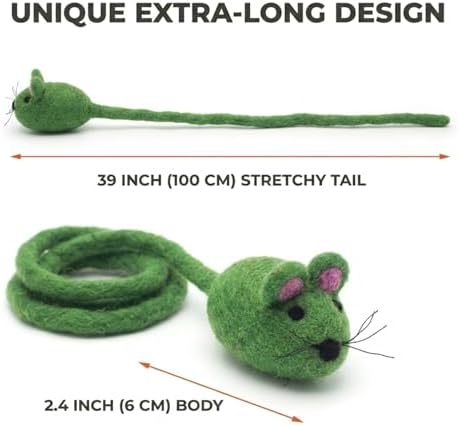 Glaciart One Felt Mouse Cat Toy – Soft Fuzzy Enrichment 100% Natural Wool - Interactive Catnip Play Cat Toy Set - Safe for Pets, Non-AZO Colored Dyes - 42” Long - Image 2
