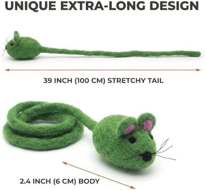 Glaciart One Felt Mouse Cat Toy – Soft Fuzzy Enrichment 100% Natural Wool - Interactive Catnip Play Cat Toy Set - Safe for Pets, Non-AZO Colored Dyes - 42” Long - Image 2