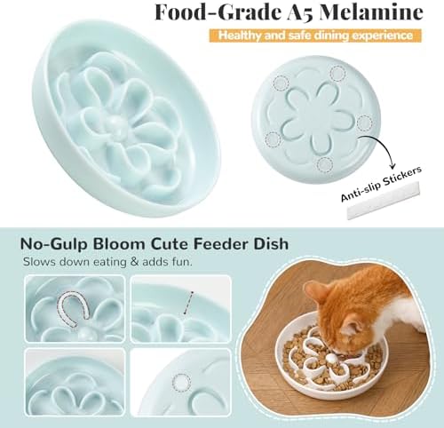 Melamine Cat Slow Feeder Bowl Set - Floral Maze Food Dishes for Cats and Small Dogs - Shallow Wide Plates for Dry & Wet Food - 3 Pack - White & Pink & Green - Image 4