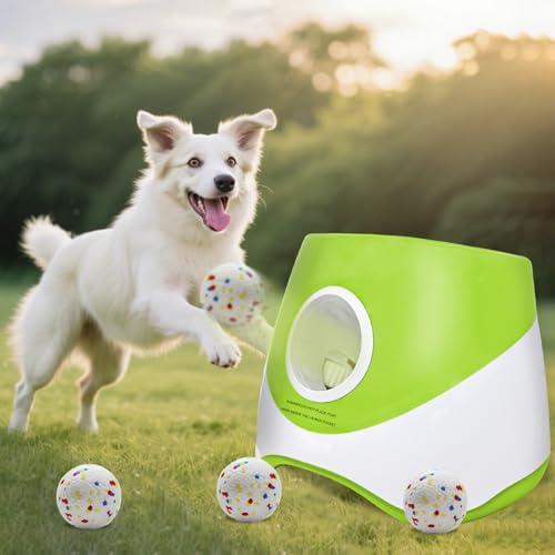 Automatic Dog Ball Launcher for Small to Medium Dogs, 2.2 Inch ETPU Dog Ball Thrower, 3 Distance Adjustable 19-39 Ft Interactive Dog Toy, Mental Stimulating Puppy Toy with 4 ETPU Balls (Light Green) by Unknown