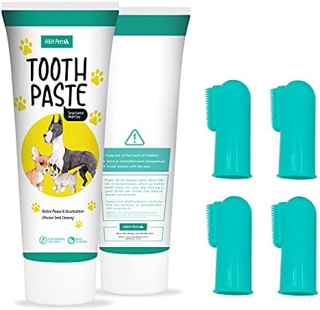 H&H Pets Dog Toothbrushes and Toothpaste Best Professional Cats & Dogs Finger Dental Brush, Dog Brush Set, Perfect for Dogs and Cats, Dog Supplies - Size Small 4 Count 3.5 Oz Toothpaste (100g) by H%26H+Pets