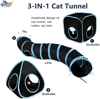 GONPETGP Cat Tunnels for Indoor Cats with Cube Tent Toys Combo, Pop Up Collapsible Crinkle Interactive Peek Hole, Cat Tube with Play Ball and Bell for Kitten, Puppy, Kitty, Rabbit - Set of 3 - Image 2