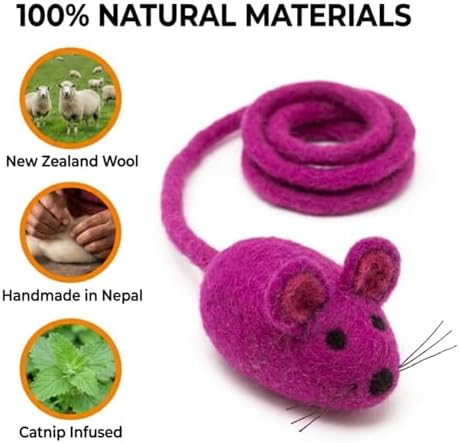 Glaciart One Felt Mouse Cat Toy – Soft Fuzzy Enrichment 100% Natural Wool - Interactive Catnip Play Cat Toy Set - Safe for Pets, Non-AZO Colored Dyes - 42” Long - Image 6