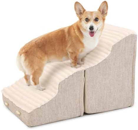 Dog Stairs for Small Dogs,2 in 1 Transformable 4-Step Pet Stairs,Indoor Pet Steps for Cats,Comfort, Durable Washable Cover and Durable High Density Foam,Beige by DEBANGHOME