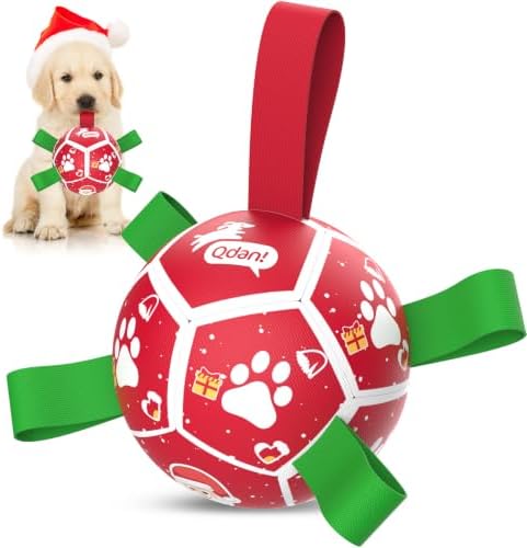 QDAN Small Christmas Dog Toys, Soccer Ball with Straps, Outdoor Interactive Toys for Tug of War, Puppy Birthday Gifts, Water Toy, Durable Dog Balls for Puppy (5 Inch) by QDAN