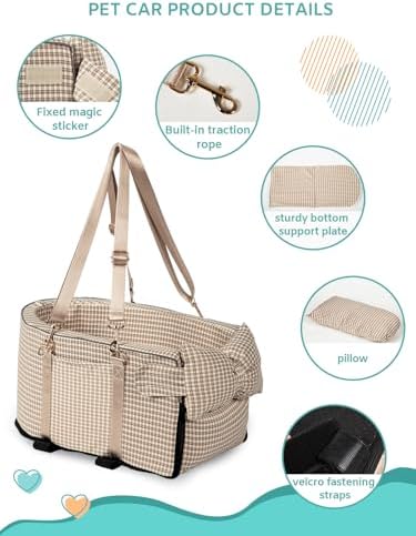 Prpeko Dog Car Seat for Small Dogs,Center Console Seat for Puppy,Anti-Collapse Pet Car Seat with Soft Cushion Safety Belt, Portable Car Armrest Seat for Dog & Cat Under 15 lbs (Grid-Brown) - Image 4