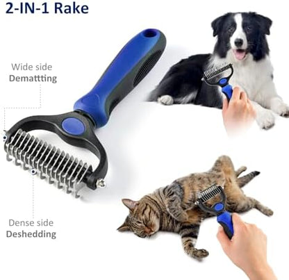 WePet Grooming Rake for Dogs & Cats, Double-Sided Deshedding Brush, Extra-Wide Dematting Tool, Slicker Comb for Undercoat & Loose Hair Removal, Reduces Shedding by 95%, Blue, Small - Image 3