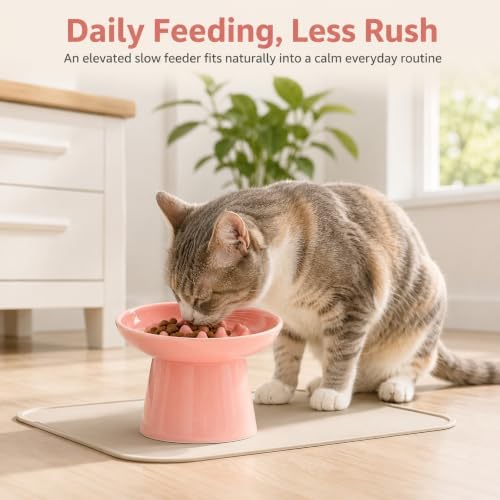 Cat Slow Feeder Bowl, Ceramic Elevated Cat Slow Feeder Bowl, Shallow Wide Opening Dish for Kitty, Anti Vomiting for Dry and Wet Food, Anti-Slip Design, Pink - Image 7