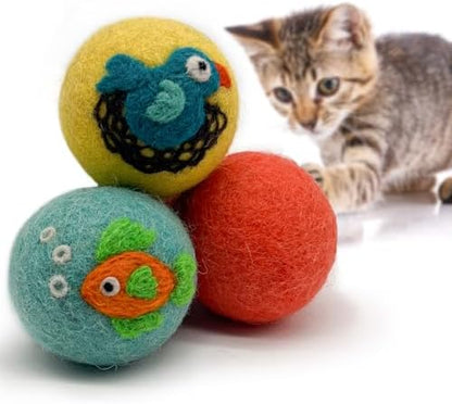 Love Ewe Wool Cat Toys Ball 3 Pack, 2-inch Fish and Bird by HustleBlush