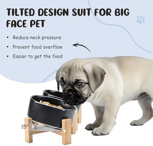 SPUNKYJUNKY 15° Slanted Ceramic Dog and Cat Bowl with Wooden Stand, Tilted Bulldog Food and Water Bowl No Slip Non-Spill for Cats Medium Dogs Big Face Pets 28.7 OZ (3.6 Cups, Black × 2) - Image 2