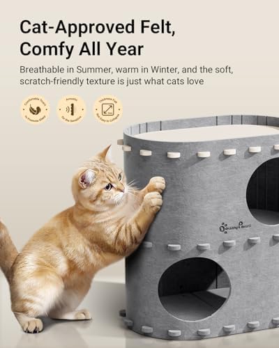 DownyPaws Cat House for Indoor Cats, 2-Storey Cat Bed Cave, Light Gray - Image 3