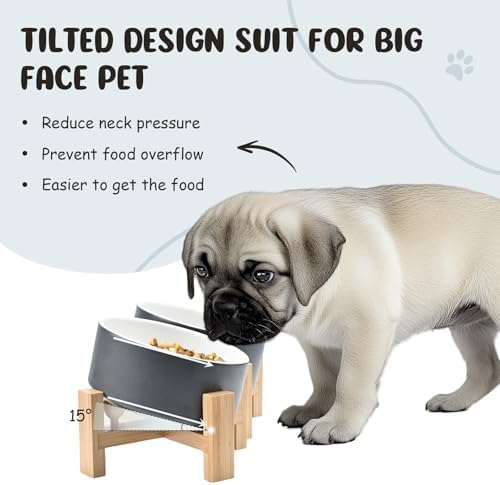 SPUNKYJUNKY 15° Slanted Ceramic Dog and Cat Bowl with Wooden Stand, Tilted Bulldog Food and Water Bowl No Slip Non-Spill for Cats Medium Dogs Big Face Pets 28.7 OZ (3.6 Cups, White-Grey × 2) - Image 2