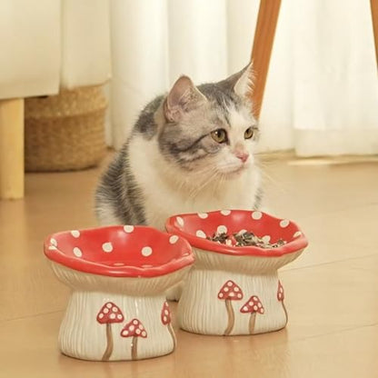 Elevated Ceramic Cat Bowls for Food & Water, Red Mushroom Cats Bowl with protruding Feet, Raised Height for Cats, Whisker Fatigue Shallow Food Dish - Image 3