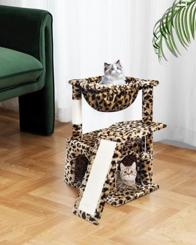 SYANDLVY Leopard Print Cat Tree for Indoor Cats, Small Cat Tower with Scratching Post & Board, Modern Activity House Condo with Cradle, Hanging Ball for Play, Kittens Cave - Image 6