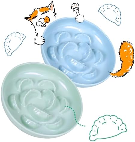 2 Pcs Cat Slow Feeder Bowl for Dry & Wet Food - Unbreakable Melamine Cat Food Plates for Slow Eating - Puzzle Feeder Bowl - Whisker Friendly & Dishwasher Safe & Non Slip Design (Blue + Green) by FullCharm