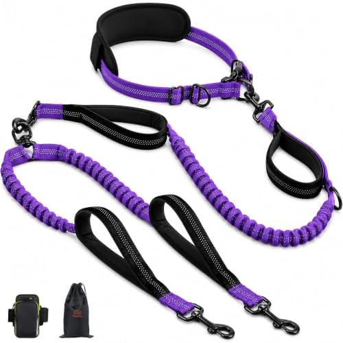 Hands Free Double Dog Leash, 4 Reflective Padded Handles, Adjustable Waist Belt 27-51", Shock-Absorbing Bungee, 360° Swivel Clips, for Small, Medium & Large Dogs, Walking Jogging Running by Unknown