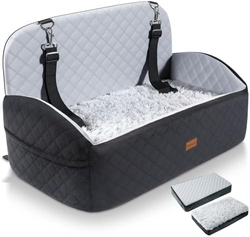 Gimars Upgrade Dog Car Seat with Reversible Long & Short Plush Seat Cushion for Small/Medium/Large Dogs Up to 60lbs, Detachable Washable Anti-Slip Dog Booster Seat with 5.1'' 28D Egg-Crate Foam, L by Gimars