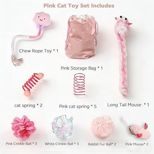 20 Pcs Cat Toy Pack Interactive Kitten Toy Set,Including Cute Catnip Chew Rope Springs Mice Crinkle Ball Furry Balls Toys for Indoor Cat,Pink Kitten Toys with Gift Bag - Image 2