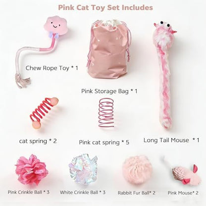 20 Pcs Cat Toy Pack Interactive Kitten Toy Set,Including Cute Catnip Chew Rope Springs Mice Crinkle Ball Furry Balls Toys for Indoor Cat,Pink Kitten Toys with Gift Bag - Image 2