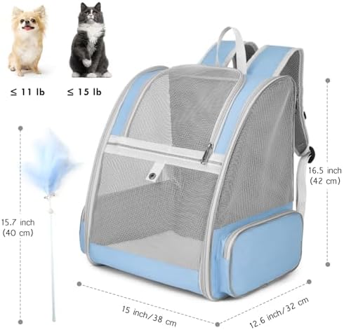 Cat Backpack Carrier, Large Pet Backpack with Kitten Wand Feather Toy for Medium Small Dog Cat Puppy Kitty Bunny up to 15lbs, Ventilated Mesh Dog Travel Carrier for Hiking Walking Outdoor Use (Blue) - Image 5