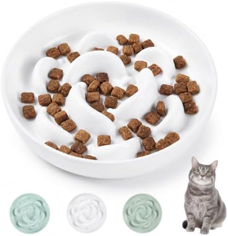 Melamine Cat Slow Feeder Bowl - Pastel Series Cat Plate for Dry and Wet Food - Cute Maze Feeder Dish for Healthy Eating - Dishwasher Safe - 6.3''W x 1.2''H - 7 OZ - Ivory White by PTOBER