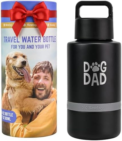 Dog Dad Gift, Insulated Dog Water Bottle with Travel Bowl, Men Christmas Birthday for DogLover, Portable Water Bottle Dispenser, for Car, Camping, Outdoor, Detachable (DogDad-Black) by KEWIXYofficial