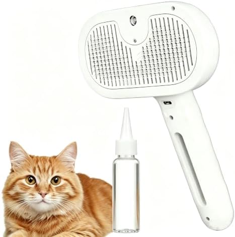 Pet Steam Brush for Dogs & Cats, 3-in-1 Mist Grooming Brush Shedding Hair Removal Comb, One-Click Self Cleaning Spray for Long Haired Pets, Comes with Empty Waterless Bottle for Shampoo, White by Unknown