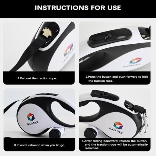 ILOMAX 360° Tangle-Free Retractable Dog Leash Built-in Waste Bag Dispenser Under Handle 2 Rolls Poop Bags Included Heavy Duty Tape Leash for Dogs up to 50kg Carry Pouch Included (White, XL) - Image 6