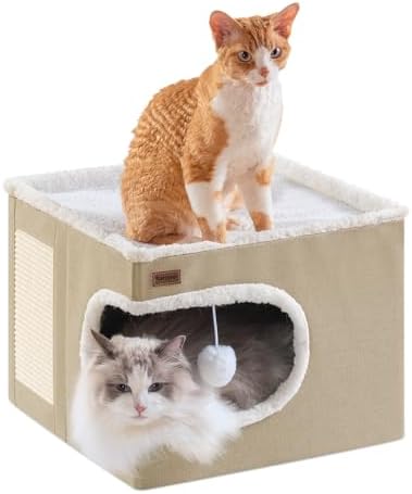 Garnpet Cat Bed for Indoor Cats Cube House, Covered Cat Cave Beds & Furniture with Scratch Pad and Hideaway Tent, Cute Modern Cat Condo for Multi Small Pet Large Kitten Kitty, Khaki by Garnpet