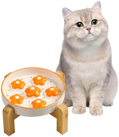 Elevated Ceramic Slow Feeder Cat Bowl with Anti-Slip Bamboo Stand by PTOBER