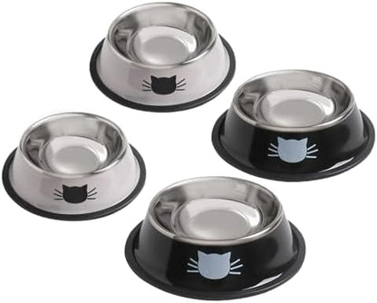Cat Bowls for Food and Water,4PCS Rapsrk Non-Slip Stainless Steel Small Food Bowls 8 Oz Pet Bowl with Removable Rubber Base Dog Bowl,Stackable Cat Puppy Dishes Bowls with Cute Cats Painted by Rapsrk