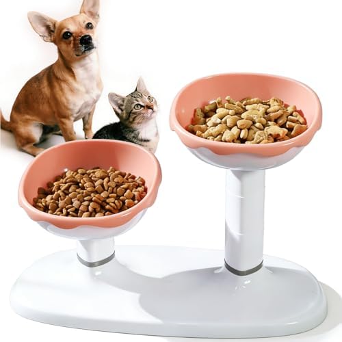 Elevated Cat Bowls, Raised Cat Dishes for Food and Water, Pet Food Bowls for Cats and Puppies, 3-Level Height Adjustable, 350 ml/12 oz per Bowl (Pink) by RUIFANDAHK