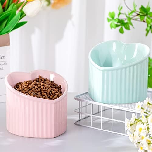 Mumufy 2 Pcs Ceramic Elevated Cat Bowls Tilted Elevated Raised Pet Bowls Anti Vomit Cat Dish for Indoor Stress Free Water Dish Feeder for Puppies, Heart Shaped(Macaron Blue, Pink) - Image 4