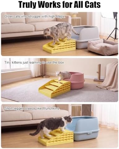 Adjustable Cat Stairs, Litter Box Step DIY Stackable with Litter Catcher & Anti-Tracking Grid, Non-Slip Cat Staircase for Senior Small Cats Kittens, Fit Most Litter Boxes (Yellow) - Image 4