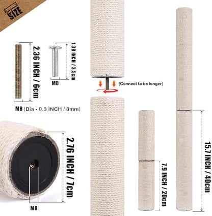 OSPNIEEK 4 PCS M8 Cat Scratching Post Replacement, 15.7“ 7.9" Natural Sisal Rope Kitten Tree Scratcher Refill with Screws, DIY Hemp Scratch Pole Parts for Indoor Cats Tower Refurbishment Accessories - Image 6