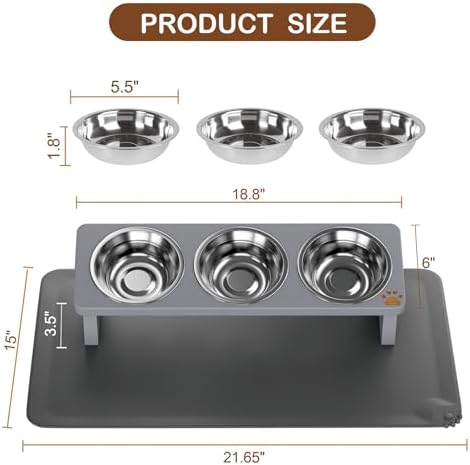 Elevated Cat Bowls, 3-Bowl Solid Wood Stand,Slate Grey - Image 4