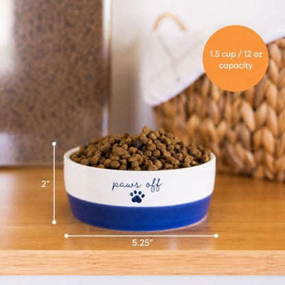 Pearhead Ceramic Cat Bowl, Holds 12 oz, Navy Blue “Paws Off” Design - Image 3