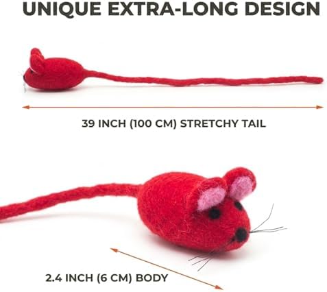 Glaciart One Felt Mouse Cat Toy – Soft Fuzzy Enrichment 100% Natural Wool - Interactive Catnip Play Cat Toy Set - Safe for Pets, Non-AZO Colored Dyes - 42” Long - Image 2