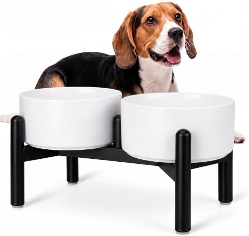Raised Ceramic Dog Bowl Set with Stand, 3.5 Cups Elevated Dog Food Stand by PTOBER