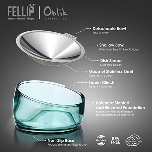 Felli Oblik Elevated Cat Bowl Removable Stainless Steel Wide Dish for Dry Wet Food Feeding & Dishwasher Clean, Slanted Whisker Fatigue Friendly Metal Plate (Classic, 0.5 Cups Shallow Dish) - Image 2